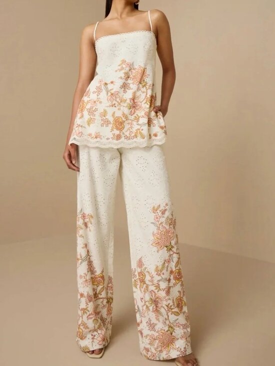 Just Me Pants - NWT Floral Embroidered Wide-Leg Pants & Cami Set - Large